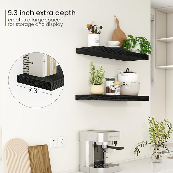 32Inch Floating Shelves, 9.3Inch Deep Rustic Wall Shelves - Extra Deeper & Thicker Wall Mounted Storage Shelf for Kitchen, Farmhouse - Set of 2 - Rustic Black