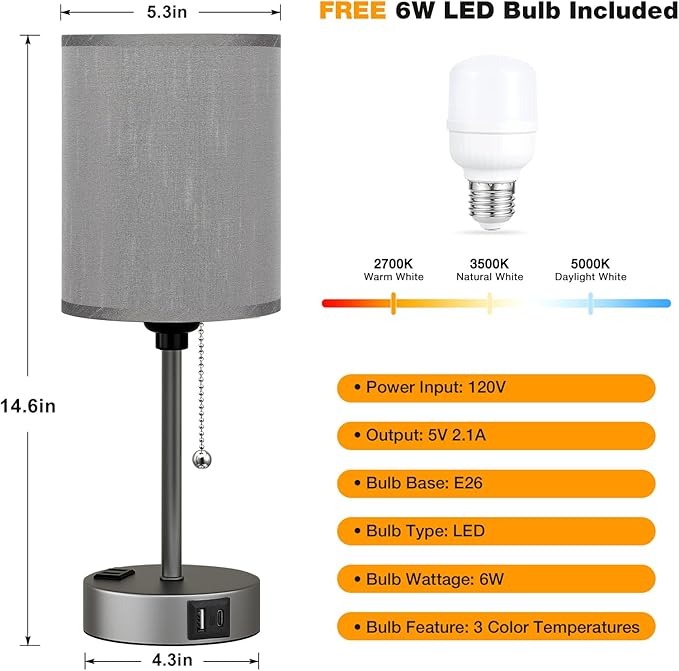 Dicoool Small Bedside Table lamp for Bedroom - 3 Color Temperatures Bedside Lamps with USB Ports for Housewarming, Pull Chain Table Lamps with AC Outlet, Nightstand Lamps for Kids Reading