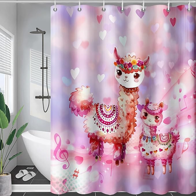 AILONEN Kawaii Llama Shower Curtain for Kids Girls,Watercolor Llama Alpaca Theme Bath Curtain,Boho Llama Hearts Print Pink Shower Curtain Waterproof for Bathroom with 12 Plastic Hooks, 72" W*84" H