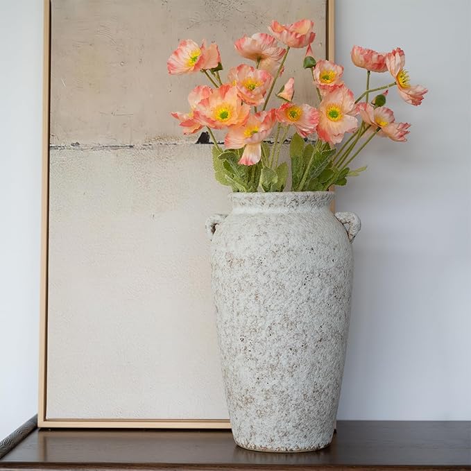 Ceramic Rustic Farmhouse Vase with 2 Handles, 12.2'' Tall Large Vintage Stoneware Clay Decorative Handmade Terracotta Pottery Flower Vase for Home Living Room Decor Table Entryway Grey White