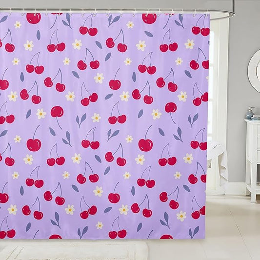 Feelyou Cherry Fabric Shower Curtain Fruits Shower Curtain for Kids Boys Girls Green Leaves Bathroom Waterproof Accessories with 12 Hooks Light Purple and Red Curtains,72X72 Inches