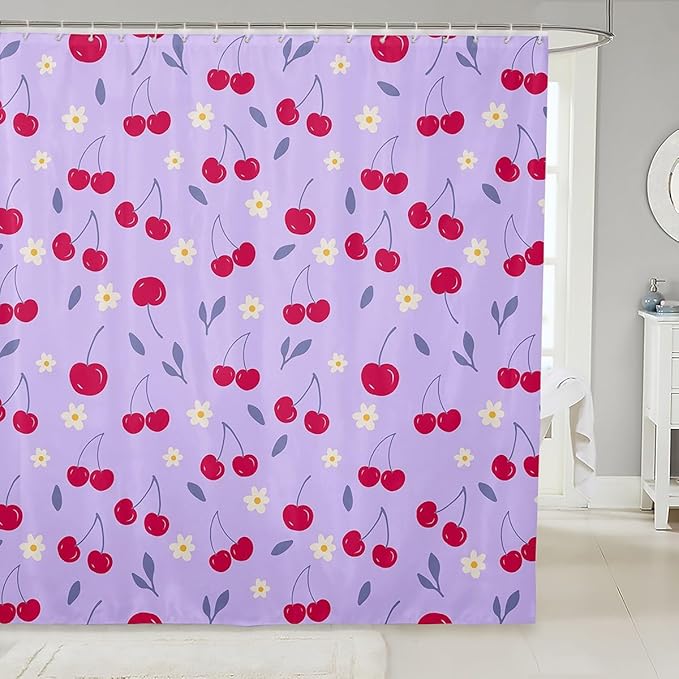 Feelyou Cherry Fabric Shower Curtain Fruits Shower Curtain for Kids Boys Girls Green Leaves Bathroom Waterproof Accessories with 12 Hooks Light Purple and Red Curtains,72X84 Inches