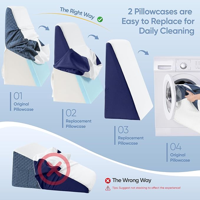 Wedge Pillow with Extra Replaceable Washable Covers, 2024 New 12'' Bed Wedge Pillow for Sleep Apnea, Acid Reflux, Heartburn, GERD, Cooling Memory Foam Top Incline Pillow for Improved Sleep