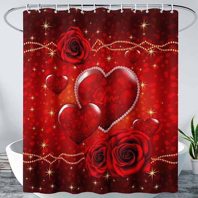 AILONEN Red Hearts Rose Shower Curtain for Bathroom Decor, Romantic Flower Bathroom Curtain 36" W*72" H,Valentine Bath Curtain Polyester Waterproof Shower Curtain with 12 Hooks