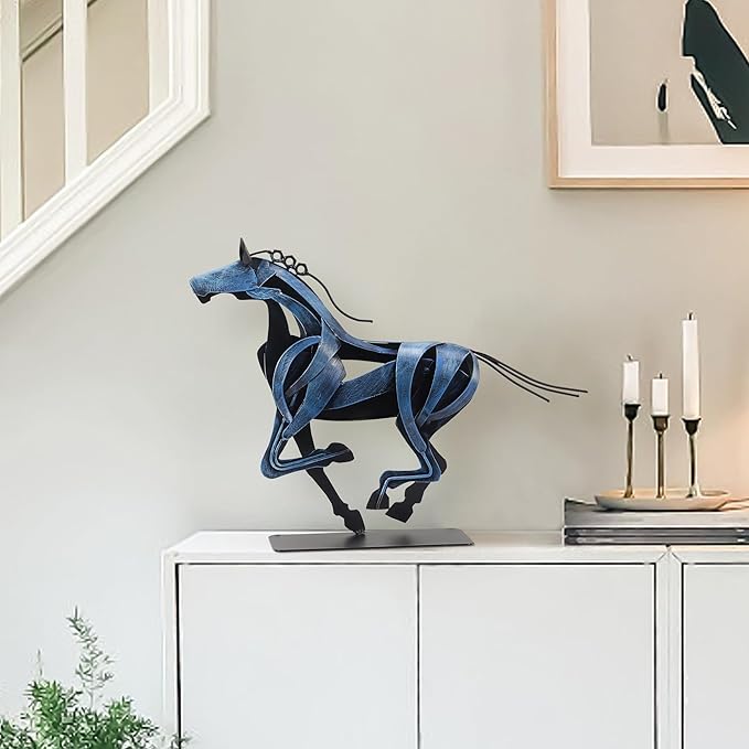 Horse Statue, Unique Metal Art Sculpture for Vintage Home Decor, Modern Decor, Gift for Horse Lovers (Blue)