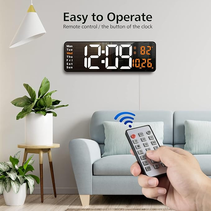 Zgrmbo 16" Large Digital Wall Clock with Remote, Large Display LED Wall Clock for Living Room/Gym/Shop/Warehouse/Office Decor, 12/24H, Auto Dimming, Timer