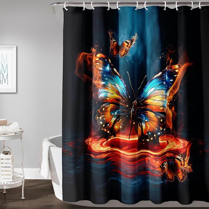 AILONEN 3D Butterfly Shower Curtain,Fire and Ocean Butterfly Bath Curtain 72" W*72" H,Modern Abstract Art Butterfly Print Waterproof Bathroom Curtain with 12 Plastic Hooks for Girls Women