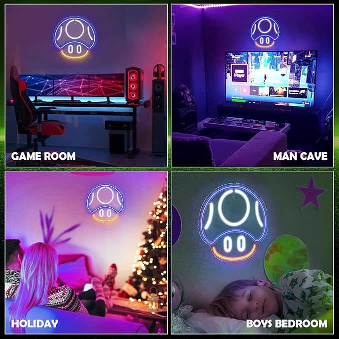 Kavaas Gaming Neon Sign, Mushroom Neon Sign for Game Room Decor, Man Cave, Kids Room - Gaming Mushroom Wall Decor - Gamer Gifts for Boys, Kids (Blue)