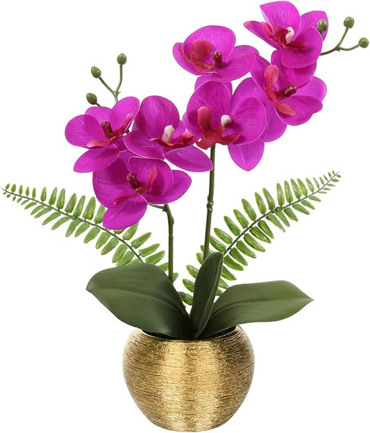 Briful Fake Orchid Flowers 13'' Hot Pink Orchids Artificial Flowers with Gold Ceramic Vase Faux Orchid for Home Office Table Centerpiece Decor Indoor