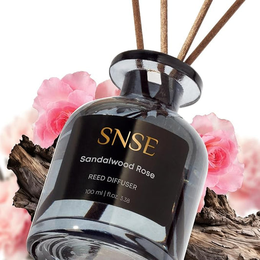 SNSE Sandalwood Rose Reed Diffuser Set | 3.38 oz Scent Fragrance Oil Diffuser for Bedroom, Bathroom, Home Décor and Gift, Decorative Air Fresheners with Sticks