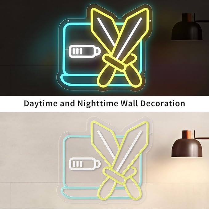 Neon Sign for Wall Decor, Gamer Neon Light for Man Cave, Crossed Swords LED Sign with Dimming Switch for Boys Kids, Teen Gaming Room, Bedroom, Bar Decor, Party Decorations, 5V USB Power Adapter