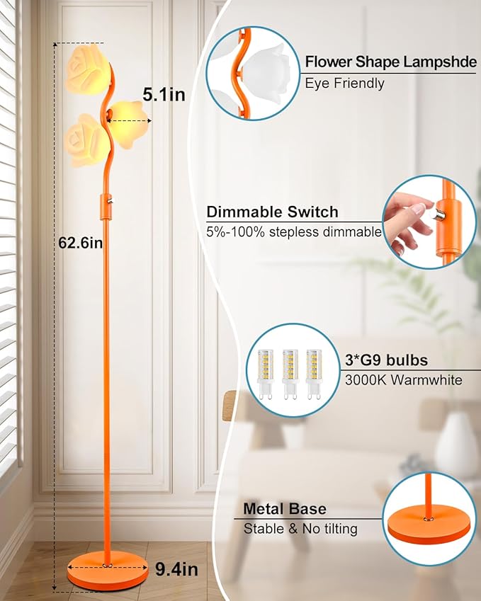 Orange Floral Floor Lamp, Dimmable Mid Century Modern Standing Lamps with 3 Warm White 3000K Bulbs, Cute Flower Floor Lamp for Living Room Bedroom Home Decor