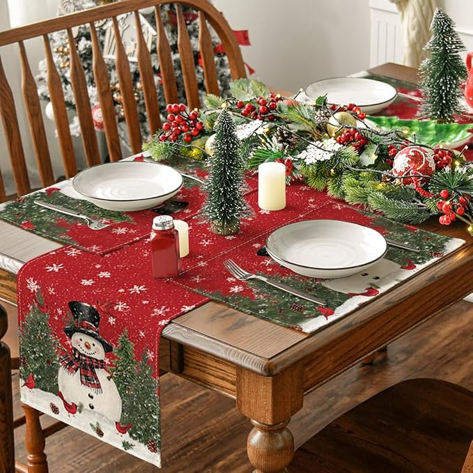 Artoid Mode Red Snowman Trees Bird Christmas Placemats Set of 8, 12x18 Inch Seasonal Winter Table Mats for Party Kitchen Dining Decoration