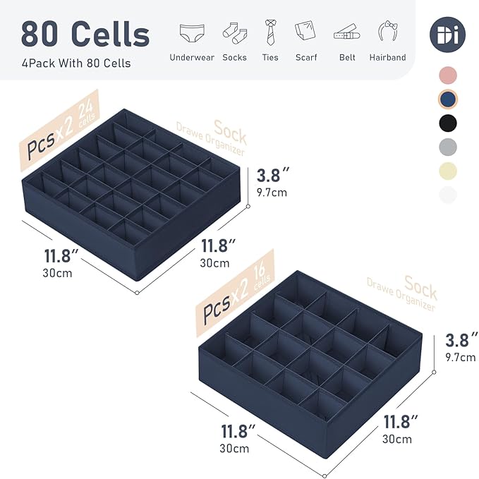 Joyoldelf Sock Drawer Organizer Divider 4 Packs Underwear Organizer, 2 x 24 Cell + 2 x 16 Cell Closet Organizers and Storage Sock Holders for Storing Socks, Handkerchiefs, Ties, Belts (Navy Blue)