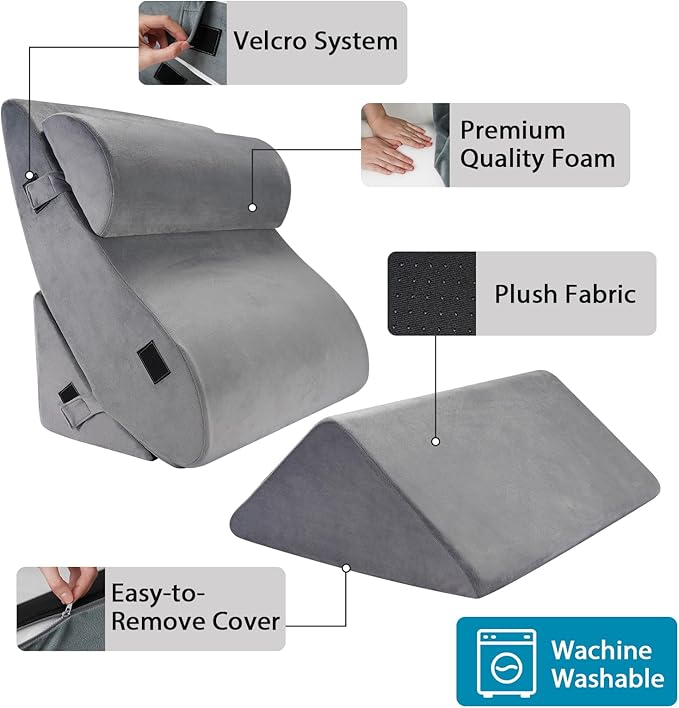 4pcs Wedge Pillow Headboard Set. Comfortable Sleep and Rest Relieves Back and Leg Pain, Aids in Acid and Gastro-Oesophageal Reflux Relief, Reduces Snoring - Grey