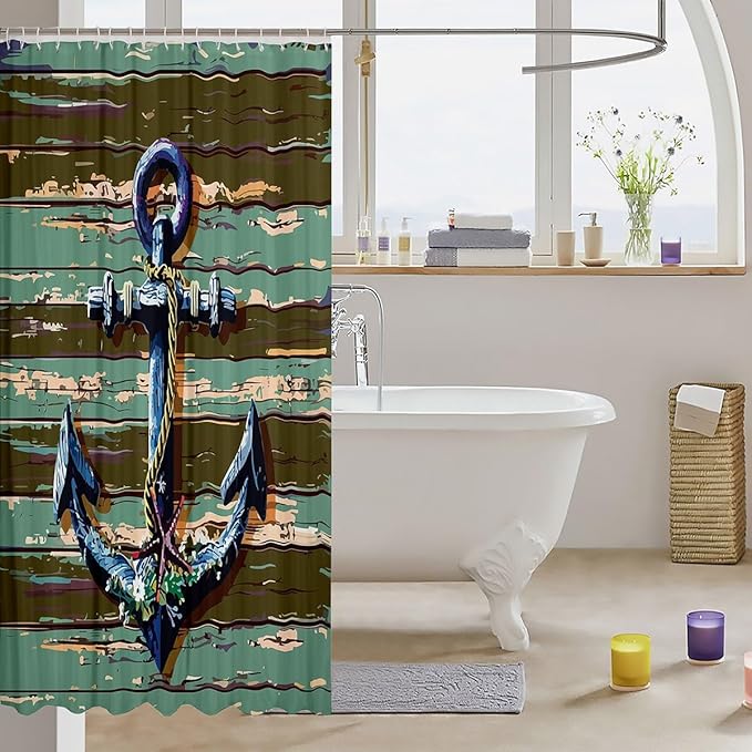 Feelyou Anchor Nautical Shower Curtain Wooden Anchor Decor Fabric Shower Curtain for Kids Boys Girls Vintage Green Bathroom Waterproof Accessories with 12 Hooks Rustic Farmhouse Curtains,72x78 Inches