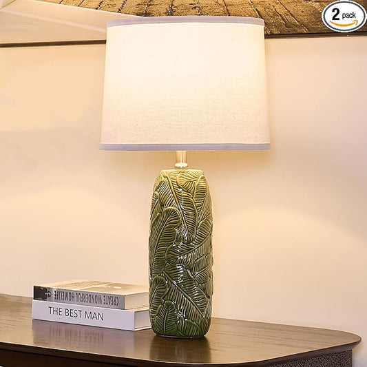 25" Ceramic Table Lamp Green Nightstand Pottery Lamp with White Shade Modern Bedside Desk Lamps with Leaf Pattern for Living Room Bedroom