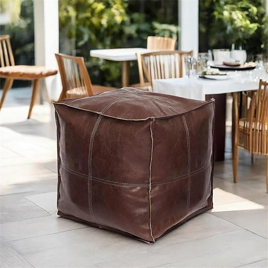 Unstuffed Pouf Ottoman Cover, Handmade Faux PU Leather Moroccan Pouffe Ottomans, Coffee 17.7" Cube Ottoman Foot Rest for Living Room, Floor Chair for Christmas Decorations Gift, ONLY COVER