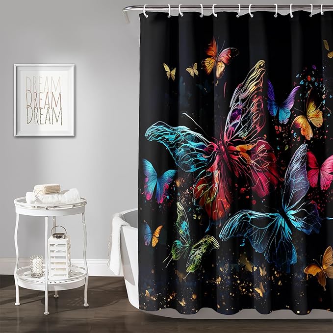 AILONEN Colorful Butterfly Shower Curtain, Tie Dye Butterfly Bath Curtain,Modern Fashion Minimalist Decorative Shower Curtain with 12 Plastic Hooks (Kids/Girls/Women/Teen/) Black 72" W*78" H