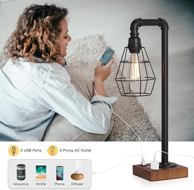CADUKE Industrial Touch Control Table Lamp, LED Bulb Included, 3 Way Dimmble Lamp with 2 USB Ports and AC Outlet, Bedside Nightstand Desk Lamps with Metal Cage Shade for Bedroom Living Room Farmhouse