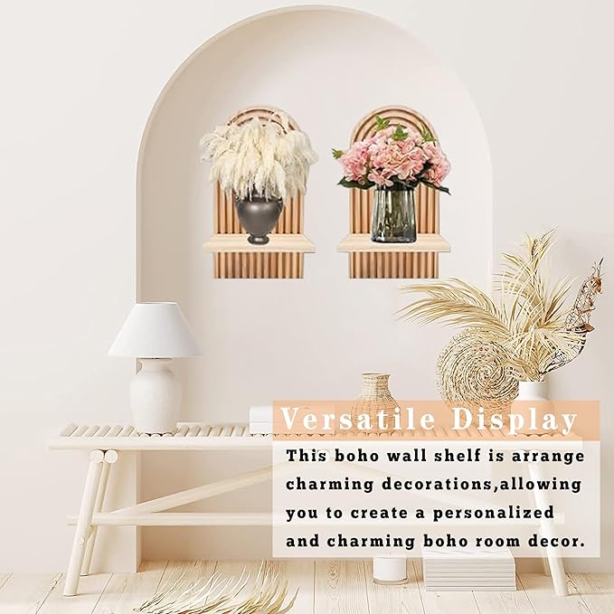 LIYAOLI Boho Arched Wall Shelf Set of 2-15 x 8.6 Inch Wooden Hanging Shelves for Living Room & Bedroom - Mid-Century Modern Bohemian Wall Decor (Natural Wood Finish)