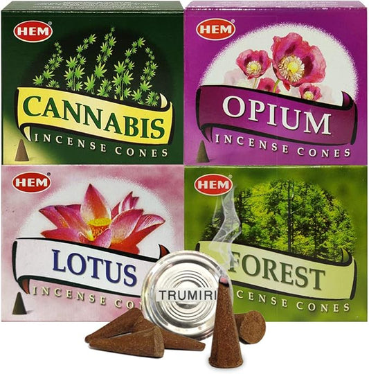 Hem Incense Cones Variety Pack #2 and Cone Incense Burner Bundle with 4 Most Liked Fragrances