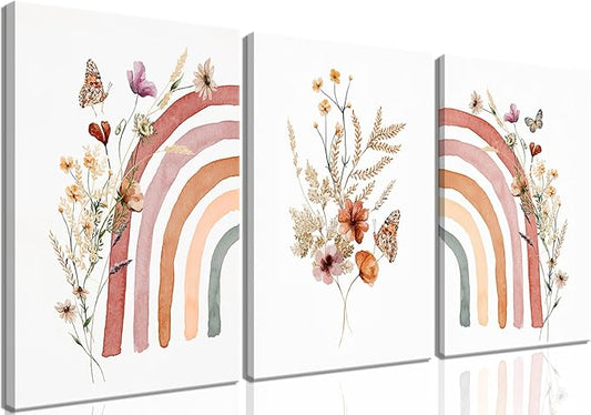 AKWISH Boho Wall Decor Set of 3, Rainbow Canvas Wall Art Paintings Prints, Cute Boho Wildflowers Posters Nursery Wall Decor for Kids Room Baby Room Classroom Bedroom Decor 12x16 inch Framed