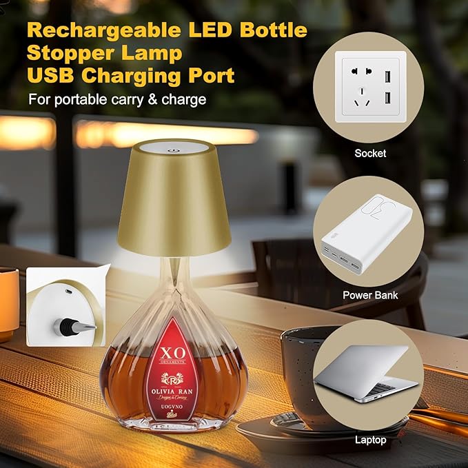 Wireless Bottle Lamp, 2025 New 3 Color Rechargeable Wine Bottle Lights for Bars Restaurants (Placer Gold, 1PC)
