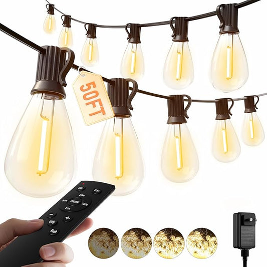 luckystyle 50FT LED Outdoor String Lights with Remote,16+ 1 Shatterproof Bulbs Waterproof and Dimmable Patio Lights for Porch, Garden, Backyard, Deck, Balcony, 2700K, Hanging Lighting