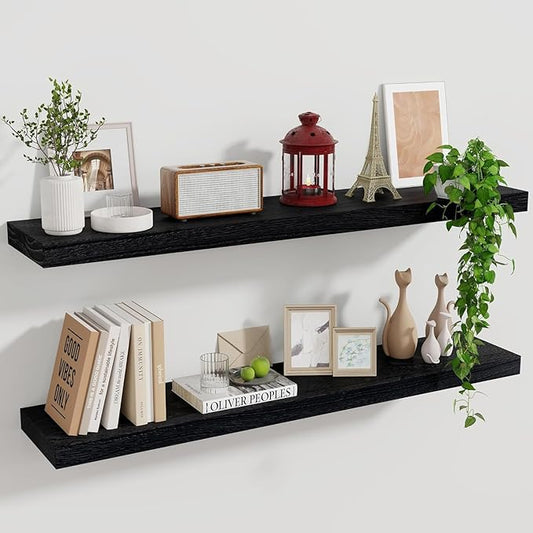Marsmiles Wood Floating Shelves for Wall Set of 2, 36 Inch Wide Rustic Wooden Floating Shelves, Invisible Wall Mounted Display for Living Room Bedroom Kitchen Bathroom Office, White