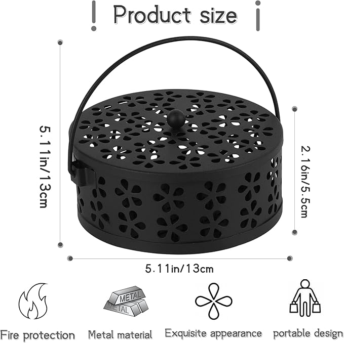 Portable Iron Mosquito Coil Holder with Handle Round Heat-Resistant Incense Holder for Home Office Camping (Black, 1Pack)
