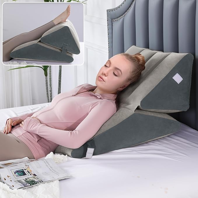 HOMBYS Adjustable Inflatable Bed Wedge Pillow for Sleeping, 7 in 1 Multi Use Back Pillow for Bed Sitting Up, 10 inch Elevated Support Pillow for Legs & Back, Portable for Travel Use, White&Grey