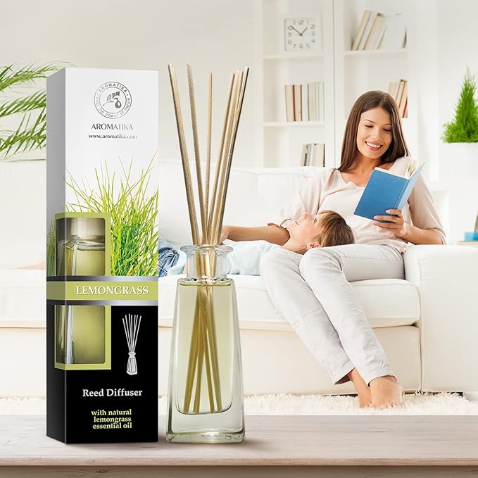 Lemongrass Diffuser w/Lemongrass Oil 3.4 Fl Oz - Scented Reed Diffuser - 0% Alcohol - Diffuser Gift Set - Best for Aromatherapy - Room Air Fresheners - Lemongrass Essential Oil Diffuser