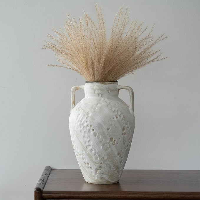 White Ceramic Rustic Vase with 2 Handles,10'' Vintage Farmhouse Stoneware Clay Flower Vase, Boho Pottery Terracotta Handmade Decorative for Home Living Room Kitchen