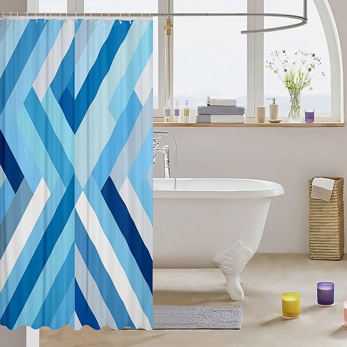 Feelyou Blue Stripe Fabric Shower Curtain Geometric Bathroom Waterproof Accessories with 12 Hooks for Kids Teens Adults Stripe Line Shower Curtain Simple Modern Curtains,72x84 Inches