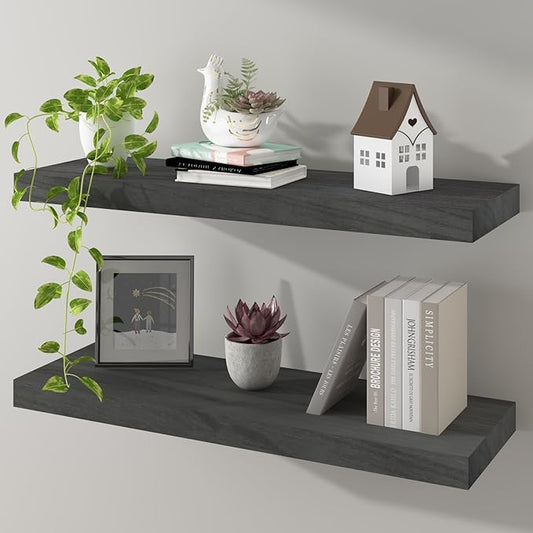 Floating Shelves 24 Inch Wall Shelf Solid Wood Mounted Storage for Bedroom Living Room Set of 2, Rustic Grey Wall Shelves