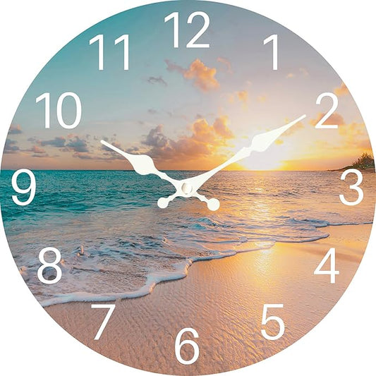 Sea Beach Blue Sky Sand 10 Inch Wooden Wall Clock - Silent Non-Ticking Battery Operated Decorative Clock for Kitchen, Home, Bedroom, and Office