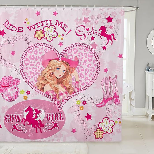 Western Cowgirl Kids Shower Curtains,Cowboy Boots Horseshoe Rustic Bathroom Curtains for Girls Women,Stars Leopard Flowers Cartoon Pink Romantic Waterproof Curtains,12 Hooks Suits,72"W x 72"L