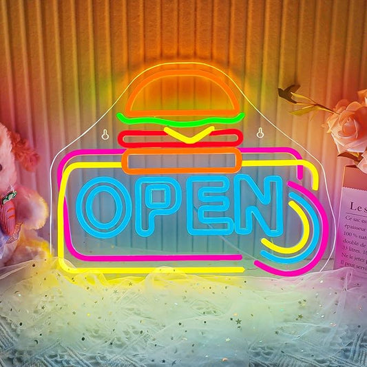 Lucunstar Hamburger Shop Open Neon Sign,Neon Sign for Wall Decor,USB Adjustable Brightness for Neon Lights for Hamburger Shop Led Business Sign Suitable for Fast Food shops Party Led Art Wall Hanging