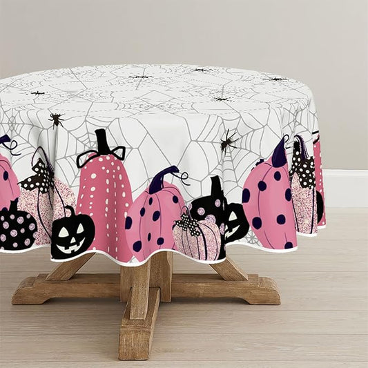 Horaldaily Halloween Tablecloth 70×70 Inch Round, Jack-O-Lantern Pumpkin Cobweb Scary Themed Pink Washable Table Cover for Party Picnic Dinner Decor