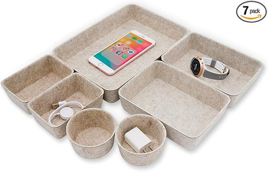 Welaxy Drawer organizers Felt storage bins office Desk Draw dividers wabi-sabi Nordic Natural Scandinavian-chic style beige hygge design catchall tray 7-Piece back to school (Oatmeal)