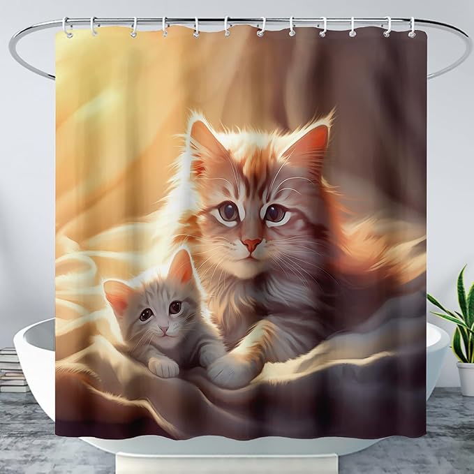 AILONEN 3D Kawaii Cat Shower Curtain, Beautiful Kittens with Flower Shower Curtain for Kids Girl Boys Bathroom Decor,Cute Pet Animal Cat Lover Waterproof Shower Curtains Sets with Hooks,72" W*72" H