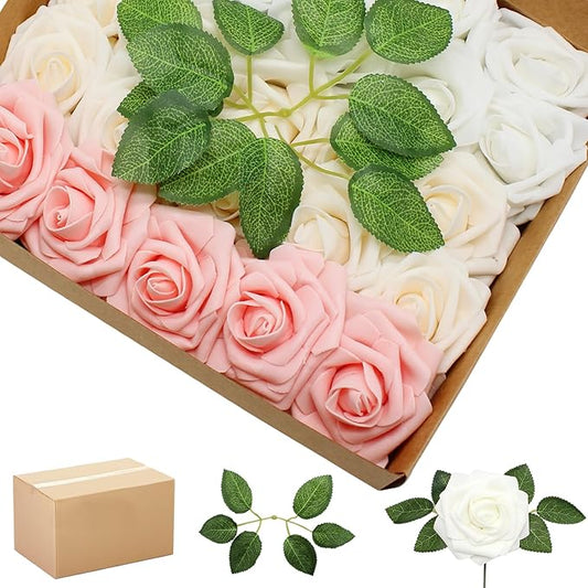 200PCS Artificial Flowers Champagne Mixed Series Roses Real Looking Foam Fake Roses with Leaves for DIY Wedding Bouquets Bridal Shower Centerpieces Party Decorations