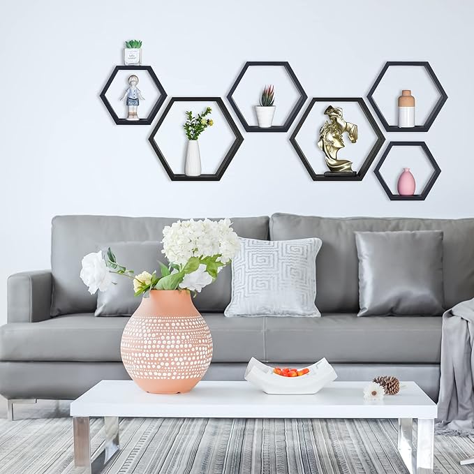 PHOENANCEE Hexagon Floating Shelves,Honeycomb Shelves Set of 3,Wall Mounted Wood Farmhouse Hexagonal Storage Wall Shelf for Bathroom, Kitchen, Bedroom, Living Room