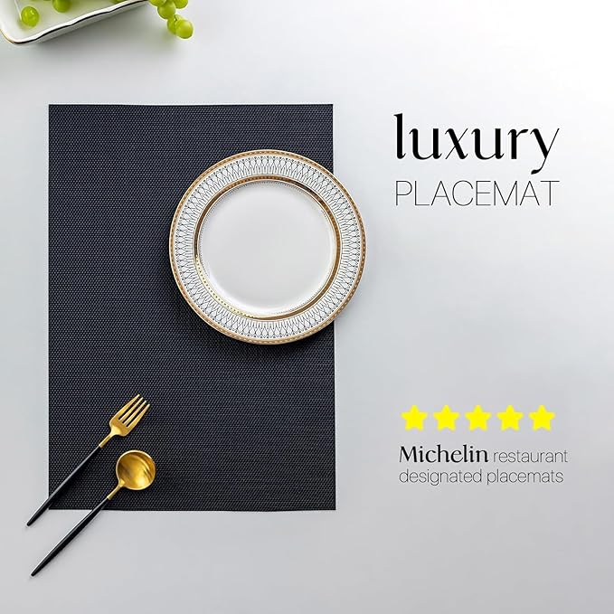 LEXMORE PVC Woven Placemats 4 PCS Wipeable Indoor/Outdoor Table Mats Washable Vinyl Place Mats for Dining Table, Set of 4-Black