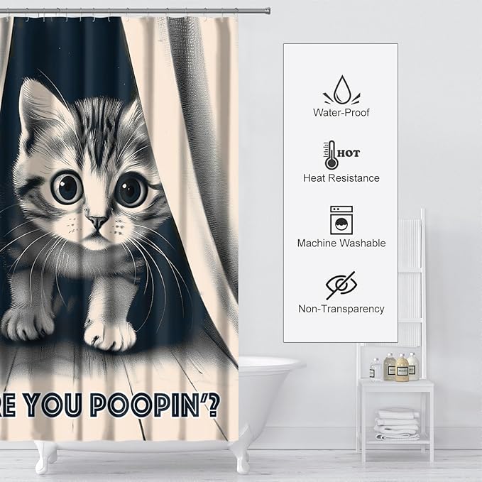 Funny Cat Shower Curtain Cute Animal Shower Curtains for Bathroom Decor are You Poopin' Humorous Joke Waterproof Polyester Fabric Bathroom Curtain with Hooks 72x72 Inch