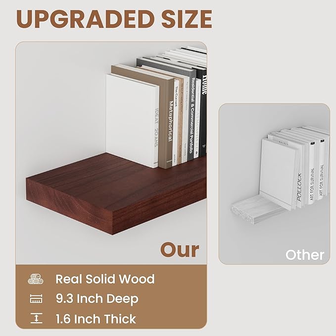Fun Memories Deep Floating Shelves, Solid Wood Floating Shelves Wall Mounted, 9.3" Deep Floating Shelf for Living Room, Bedroom, 36 x 9 Large Wall Shelves for Books, Walnut Color, Set of 2