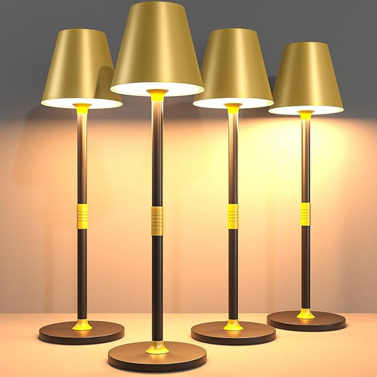 LED CordlessTable Lamp,4000mAh Rechargeable Battery Desk lamp,3 Level Brightness Beside Night Light, Minimalist Design, for Couple Dinner/Coffee Table/Restaurant/Bedroom(Gold&Black 4PACK)