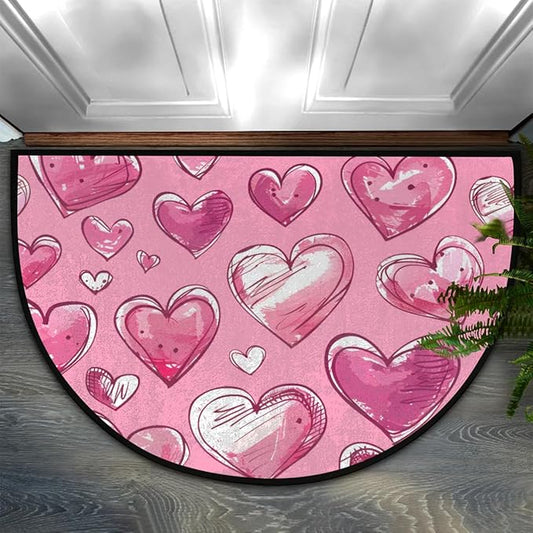 Half Round Doormat Valentine's Day Decorative Rug Half Moon Kitchen Mat Cute Bathroom Rug Washable for Living Room Bedroom Decorative Gift Love Pink