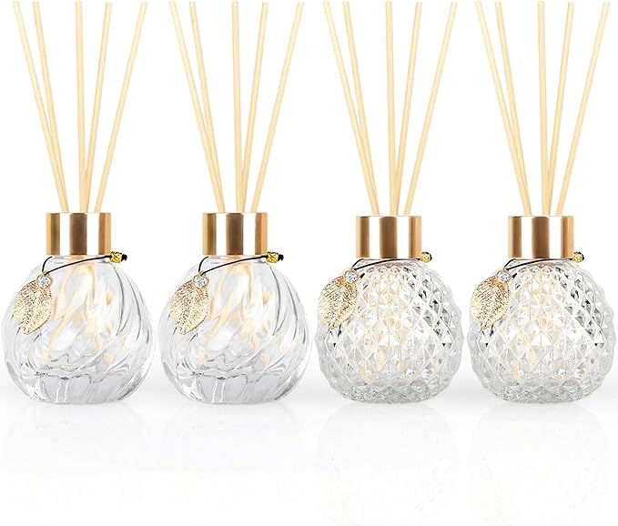 4Pcs Reed Diffuser Set with Metal Golden Decoration, Empty Reed Diffuser Bottles with 20Pcs Reed Diffuser Sticks, Unique Design Bottles for Home and Office(2 Spiky Ellipsoidal+2Twill)